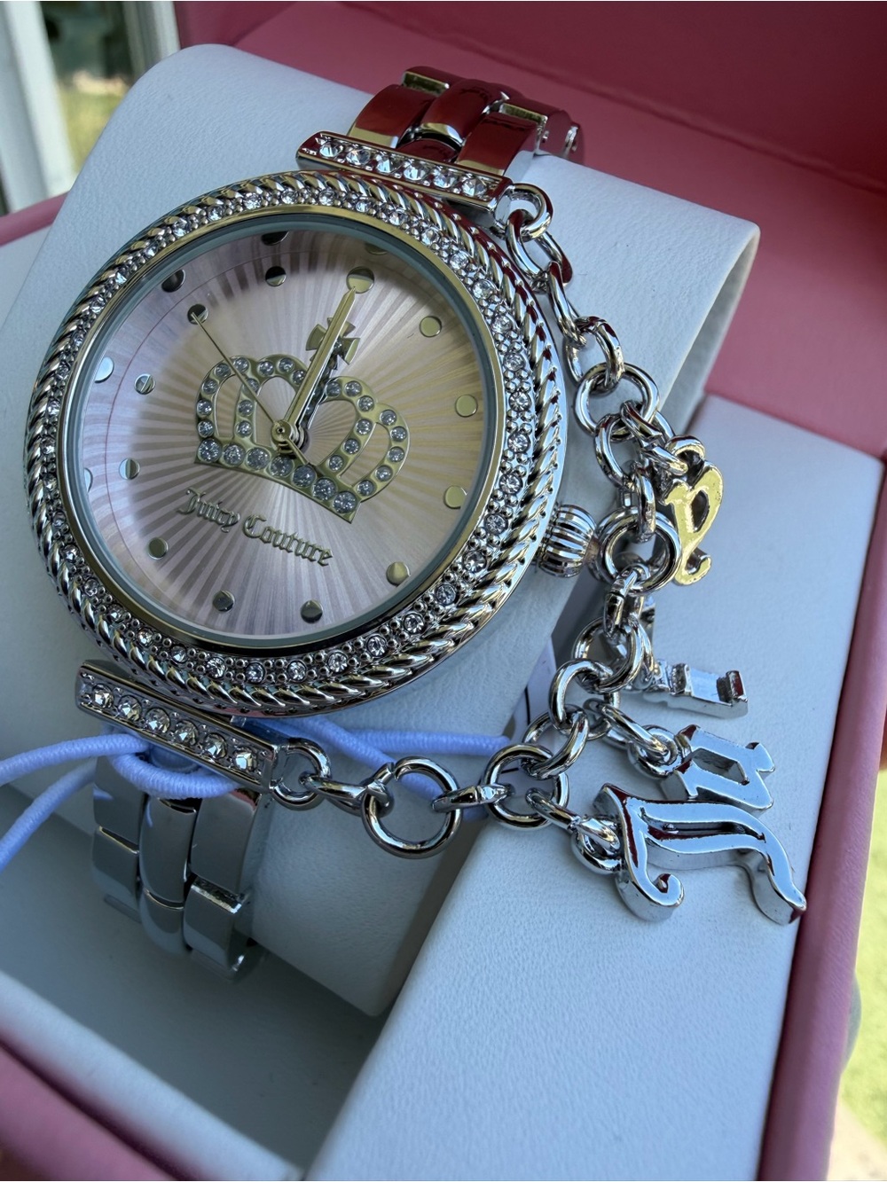 Juicy Couture Silver-Tone Bracelet Watch with Pink Sunray Dial and charms